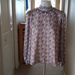 Greylin xs metallic thread lined paisley blouse w/ ruffle neck